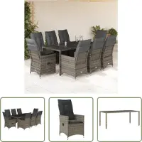 The Living Store 9-tlg. Garten-Essgruppe mit Kissen Grau Poly Rattan