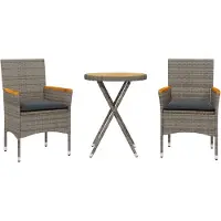 Syfax 3-tlg. Bistro-Set mit Kissen Grau Poly Rattan & Akazienholz