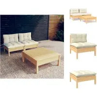 vidaXL 3-tlg. Garten-Lounge-Set mit Creme Kissen Kiefernholz - Gartenmöbel-Sets