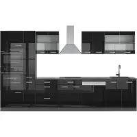 Vicco Küchenzeile R-Line Schwarz Hochglanz/Anthrazit 350 cm mit Hochschrank, AP Anthrazit, Model 49829