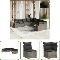 The Living Store 10-tlg. Garten-Sofagarnitur mit Kissen Grau Poly Rattan