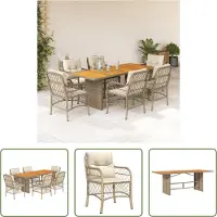 The Living Store 7-tlg. Garten-Essgruppe mit Kissen Beige Poly Rattan