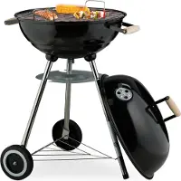 Relaxdays Kugelgrill, Ø 44 cm Grillrost, Outdoor BBQ, Holzkohlgrill m. Rädern & Standfuß, Auffangschale, Smoker, schwarz
