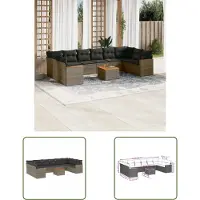 The Living Store 11-tlg. Garten-Sofagarnitur mit Kissen Grau Poly Rattan