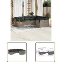 The Living Store 10-tlg. Garten-Sofagarnitur mit Kissen Grau Poly Rattan