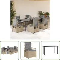 The Living Store 7-tlg. Garten-Essgruppe mit Kissen Beige Poly Rattan