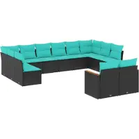 Syfax 12-teiliges Gartensofa-Set mit Kissen, schwarzes Polyrattan