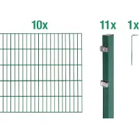 Alberts Doppelstabmatten Zaun, Höhe 200 cm, Länge 20 m, Zaun-Komplettset zum Einbetonieren, grün, Pfosten 60x40 mm