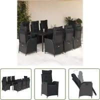 The Living Store 9-tlg. Garten-Essgruppe mit Kissen Schwarz Poly Rattan