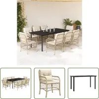 The Living Store 9-tlg. Garten-Essgruppe mit Kissen Beige Poly Rattan