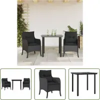 The Living Store 3-tlg. Garten-Essgruppe mit Kissen Schwarz Poly Rattan