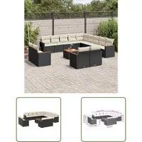 The Living Store 14-tlg. Garten-Sofagarnitur mit Kissen Schwarz Poly Rattan