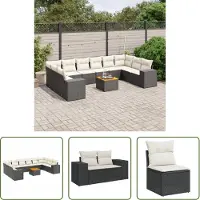 The Living Store 11-tlg. Garten-Sofagarnitur mit Kissen Schwarz Poly Rattan
