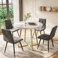 MODFU Esstisch Esszimmertisch Rund, Küchentisch mit Metallbeine, Tisch aus modernem Marmormuster für Esszimmer Wohnzimmer,Weiß&Gold