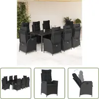 The Living Store 9-tlg. Garten-Essgruppe mit Kissen Schwarz Poly Rattan