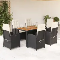 The Living Store 7-tlg. Garten-Essgruppe mit Kissen Schwarz Poly Rattan