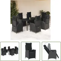 The Living Store 7-tlg. Garten-Essgruppe mit Kissen Schwarz Poly Rattan
