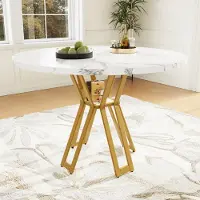 Fortuna Lai Runder Esstisch (100 x 100 x 76 cm), leichter und r runder Tisch für 4-6 Personen, geeignet für Esszimmer und Wohnzimmer, goldene Beine, marmorierte Tischplatte aus MDF