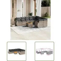 The Living Store 10-tlg. Garten-Sofagarnitur mit Kissen Grau Poly Rattan