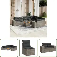 The Living Store 10-tlg. Garten-Sofagarnitur mit Kissen Grau Poly Rattan