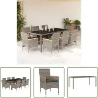 The Living Store 9-tlg. Garten-Essgruppe mit Kissen Grau Poly Rattan und Glas