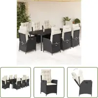The Living Store 9-tlg. Garten-Essgruppe mit Kissen Schwarz Poly Rattan