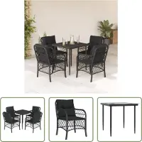 The Living Store 5-tlg. Garten-Essgruppe mit Kissen Schwarz Poly Rattan