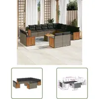 The Living Store 14-tlg. Garten-Sofagarnitur mit Kissen Grau Poly Rattan