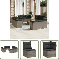 The Living Store 13-tlg. Garten-Sofagarnitur mit Kissen Grau Poly Rattan