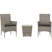 Syfax 3-tlg. Bistro-Set mit Kissen Grau Poly Rattan und Glas