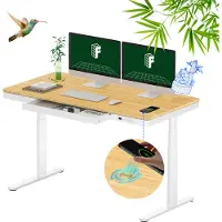 FlexiSpot Q8 Höhenverstellbarer Schreibtisch mit kabellosem Laden, Schublade & Kabelmanagement, elektrisch mit Dual-Motor 140x70cm, Weiß, Bambus