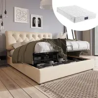 Youjia Hydraulisch Polsterbett 140x200cm,Verstellbares Kopfteil Doppelbett, Bett mit Lattenrost aus Metallrahmen, Modernes Bettgestell mit Stauraum