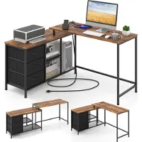 Costway L-förmiger Schreibtisch mit Steckdose, 3 Stoffschubladen & Gitterablagen, 205cm Computertisch, reversibler Eckschreibtisch