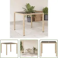 The Living Store Gartentisch mit Glasplatte Beige 90x90x75 cm Poly Rattan