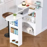 Flieks Esstisch Bartisch mit ausziehbarer Tischplatte, Arbeitstisch Esszimmertisch mit Regal und Haustierbereich, 80/120x40x100 cm, Weiß