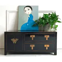 OPIUM OUTLET Chinesische TV Kommode orientalisches Asia Sideboard Schrank Lowboard Möbel asiatisch orientalisch chinesisch fernöstlich Holz Vintage-Stil shabby-chic Landhaus schwarz