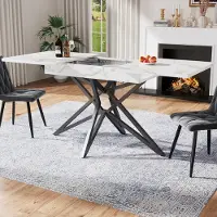 OKWISH Esstisch 120 (160) x 80 cm mit Verriegelung ausgestattet,Wohnzimmertisch Weiß,Küchentisch Marmorimitat mit Eisenbein auf Verriegelung