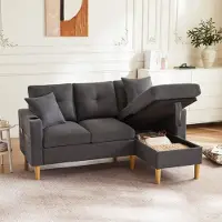 Merax Ecksofa, L-Form Sofa mit Bettkasten, Getränkehalter, 2 Kissen geliefert, Wohnzimmersofa, Couch, Couchgarnitur, Leinen, Dunkelgrau