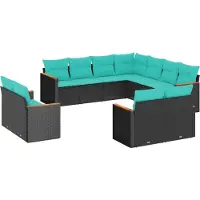 Syfax 11-teiliges Gartensofa-Set mit Kissen, schwarzes Polyrattan