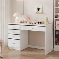 ALFORIGO Schreibtisch 120 x 45 x 74 cm, Keramikgriffe, 5 Schubladen, Computertisch als Schminktisch mit rosa Griffen und mattweißer Oberfläche
