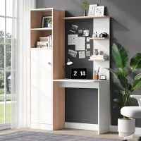 ALFORIGO Schreibtisch 123,5 x 45 x 168,5 cm, Faserplatte, mit Schrank, Bürotisch als Arbeitstisch mit 2 offenen Ablagen, Weiß und Holzoptik