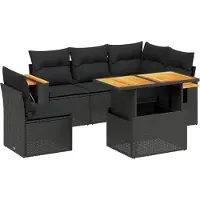Syfax 6-tlg. Garten-Sofagarnitur mit Kissen Schwarz Poly Rattan