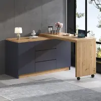 ALFORIGO Schreibtisch, 4 cm starke Platte, drehbar, mit 2 Bremsrollen, 2 Türen und 3 Schubladen, Eckschreibtisch als Schminktisch, Grau und Eichenoptik