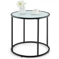 Costway Glas-Endtisch, 50 cm runder Beistelltisch mit Metallrahmen und Marmorimitation Glasplatte, moderner Kaffeetisch Schwarz & Weiß