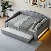 Flieks Polsterbett 140x200cm mit Ausziehbett, Schlafsofa Tagesbett mit Led, Jugendbett Doppelbett mit blütenförmiger Rückenlehne, Leinen, Grau