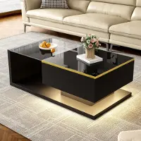 OKWISH Moderner Couchtisch Sofatisch mit Hochglanz und Glasdesktop Design,90cm Beistelltische mit 16 Farben LED-Beleuchtung,reichlich Platz,Schwarz