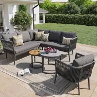 MODFU Gartenmöbelset Outdoor-Sitzgruppe mit Ecksofa und Kissenset,Outdoor-Sofaset mit wasserfester Sitzbank,6-teiliges PE-Rattan Sitzgruppe für Terrasse Balkon,grau