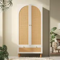 OKWISH Kleiderschrank Kleiderbügel mit 2 Türen und großer Schublade,Garderobenschrank mit höhenverstellbaren Regalen und Kleiderstange,Weiß