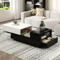 Merax Couchtisch 100x50x38cm mit 2 Schubladen, Beistelltisch mit Schiebeplatte, hochglänzende Oberfläche, Stauraum für Wohnzimmer, Schwarz + Weiß