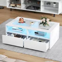 Merax Couchtisch mit LED und Glasplatte, Wohnzimmertisch mit 2 Schubladen, moderner Sofatisch zweistufiges Design mit offener Stauraum, Weiß